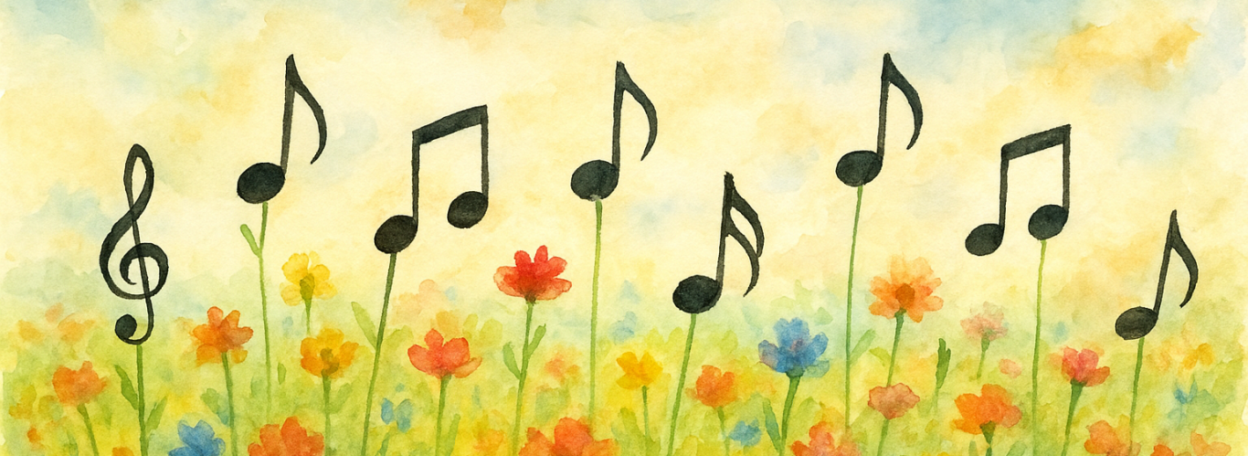 Ein Musikgarten Ein Blumenwiese mit Noten als Blumenköpfe im Aquarell-Stil generiert.